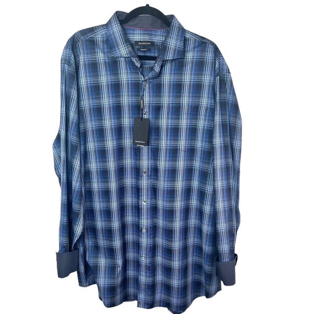 NWT Bugatchi Men's Blue Plaid Long Sleeve Button-Down Shirt Sz 2XL